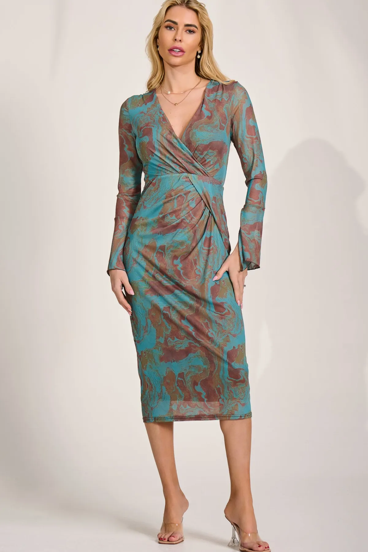 Jolie Moi Occasion Dresses|Mesh Dresses-Long Sleeve Mesh Bodycon Dress, Teal Abstract