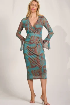 Jolie Moi Occasion Dresses|Mesh Dresses-Long Sleeve Mesh Bodycon Dress, Teal Abstract