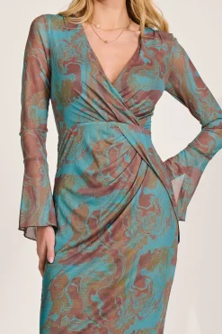 Jolie Moi Occasion Dresses|Mesh Dresses-Long Sleeve Mesh Bodycon Dress, Teal Abstract