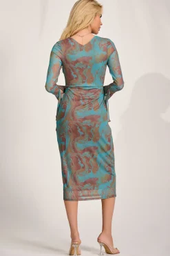 Jolie Moi Occasion Dresses|Mesh Dresses-Long Sleeve Mesh Bodycon Dress, Teal Abstract
