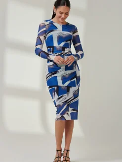 Jolie Moi Party Dresses|Long Sleeved Dresses-Long Sleeve Mesh Bodycon Midi Dress, Blue Abstract