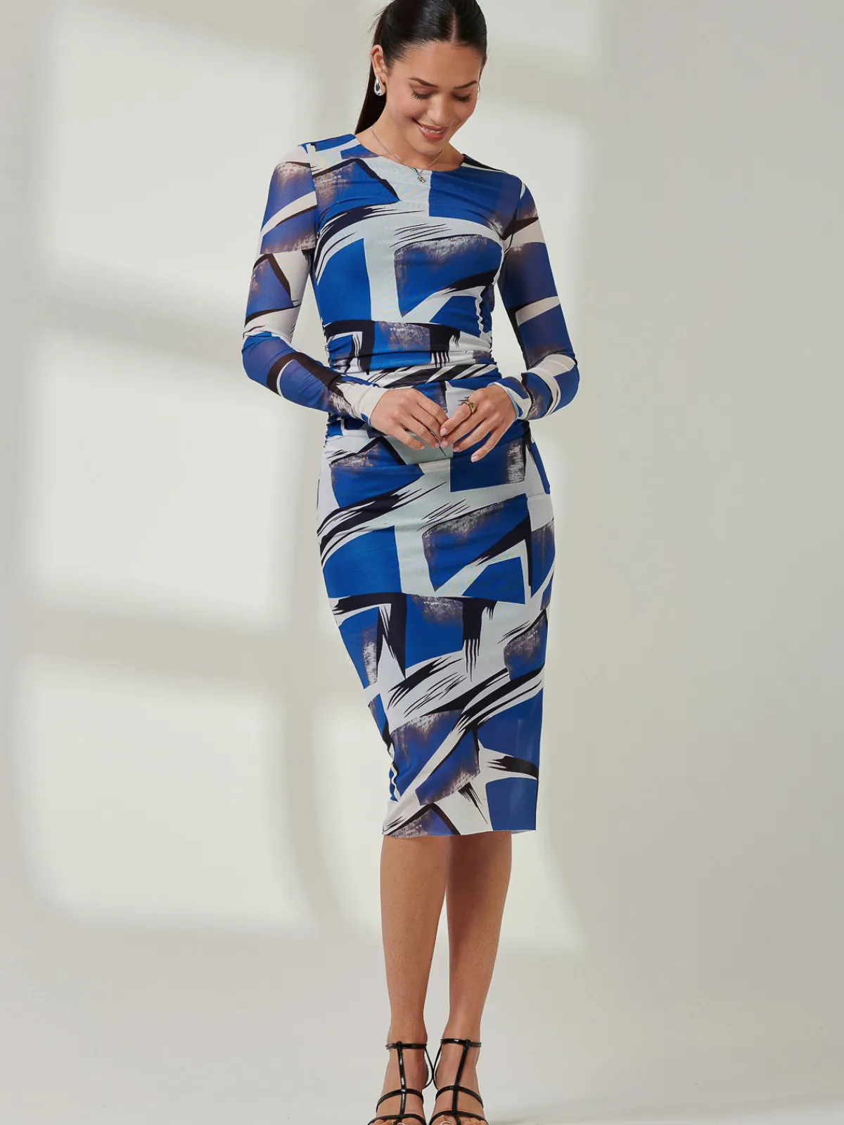 Jolie Moi Party Dresses|Long Sleeved Dresses-Long Sleeve Mesh Bodycon Midi Dress, Blue Abstract