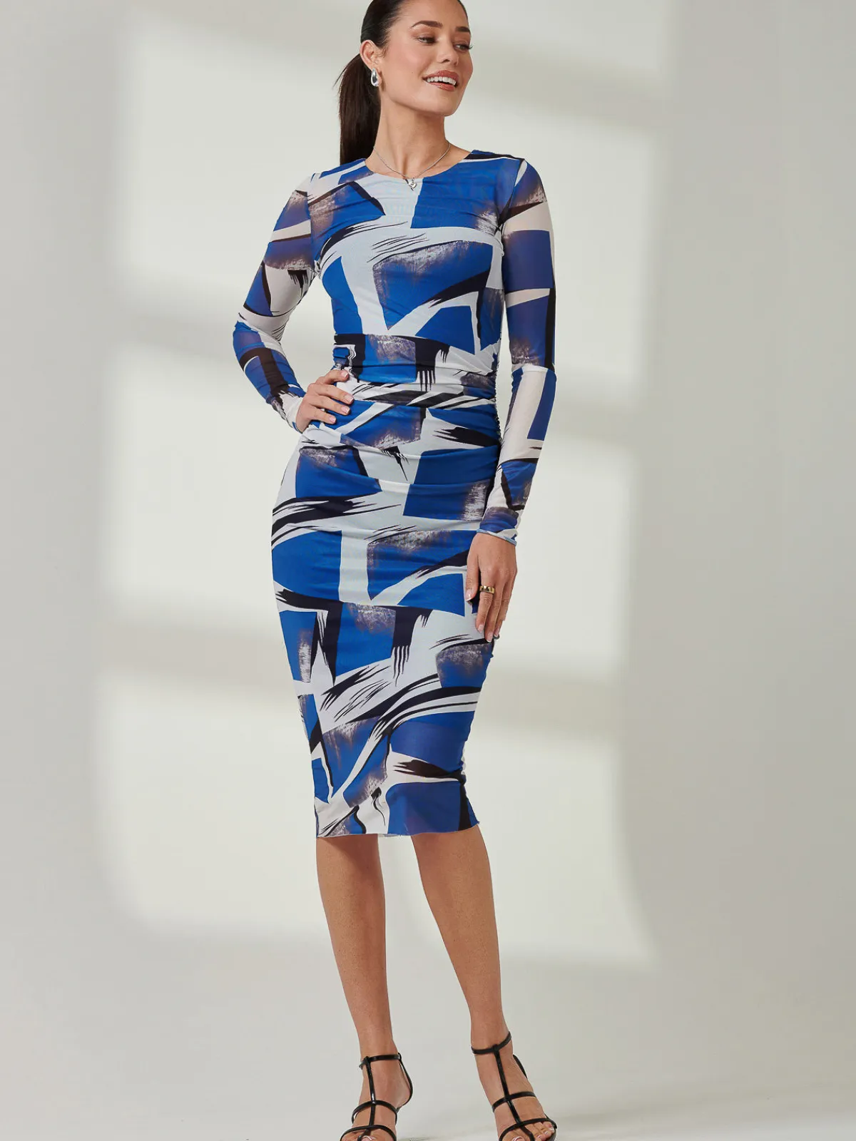 Jolie Moi Party Dresses|Long Sleeved Dresses-Long Sleeve Mesh Bodycon Midi Dress, Blue Abstract