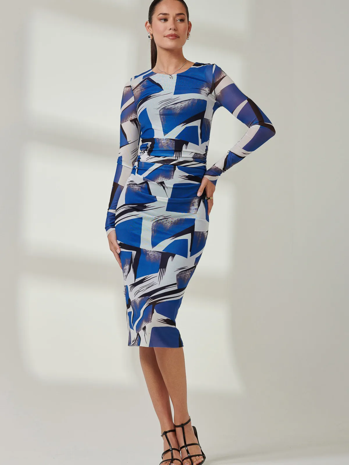 Jolie Moi Party Dresses|Long Sleeved Dresses-Long Sleeve Mesh Bodycon Midi Dress, Blue Abstract