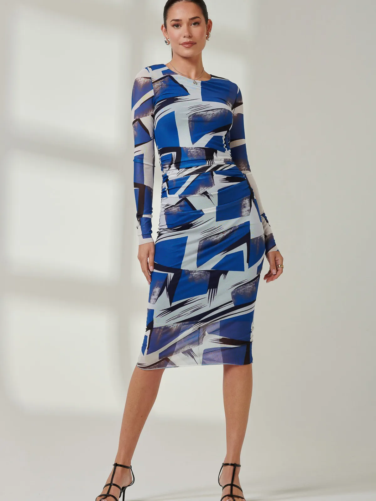 Jolie Moi Party Dresses|Long Sleeved Dresses-Long Sleeve Mesh Bodycon Midi Dress, Blue Abstract