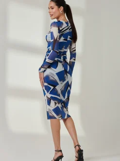 Jolie Moi Party Dresses|Long Sleeved Dresses-Long Sleeve Mesh Bodycon Midi Dress, Blue Abstract