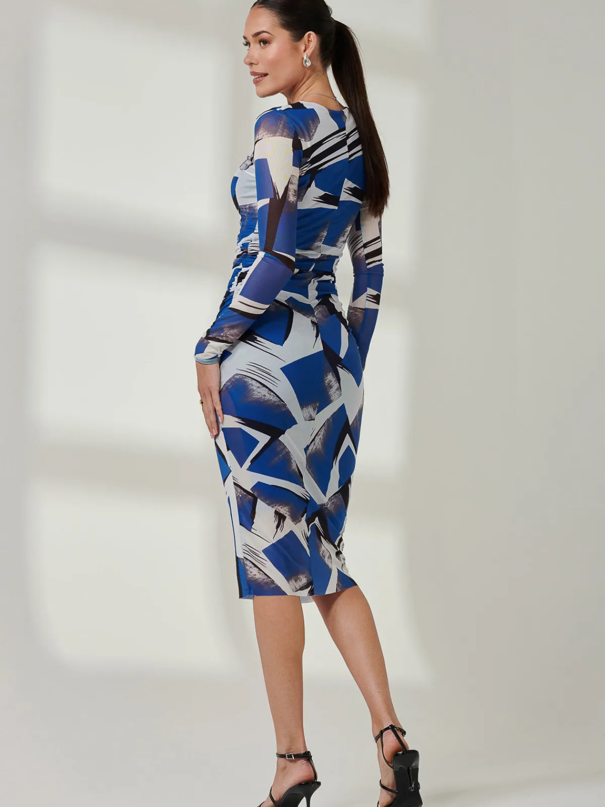 Jolie Moi Party Dresses|Long Sleeved Dresses-Long Sleeve Mesh Bodycon Midi Dress, Blue Abstract