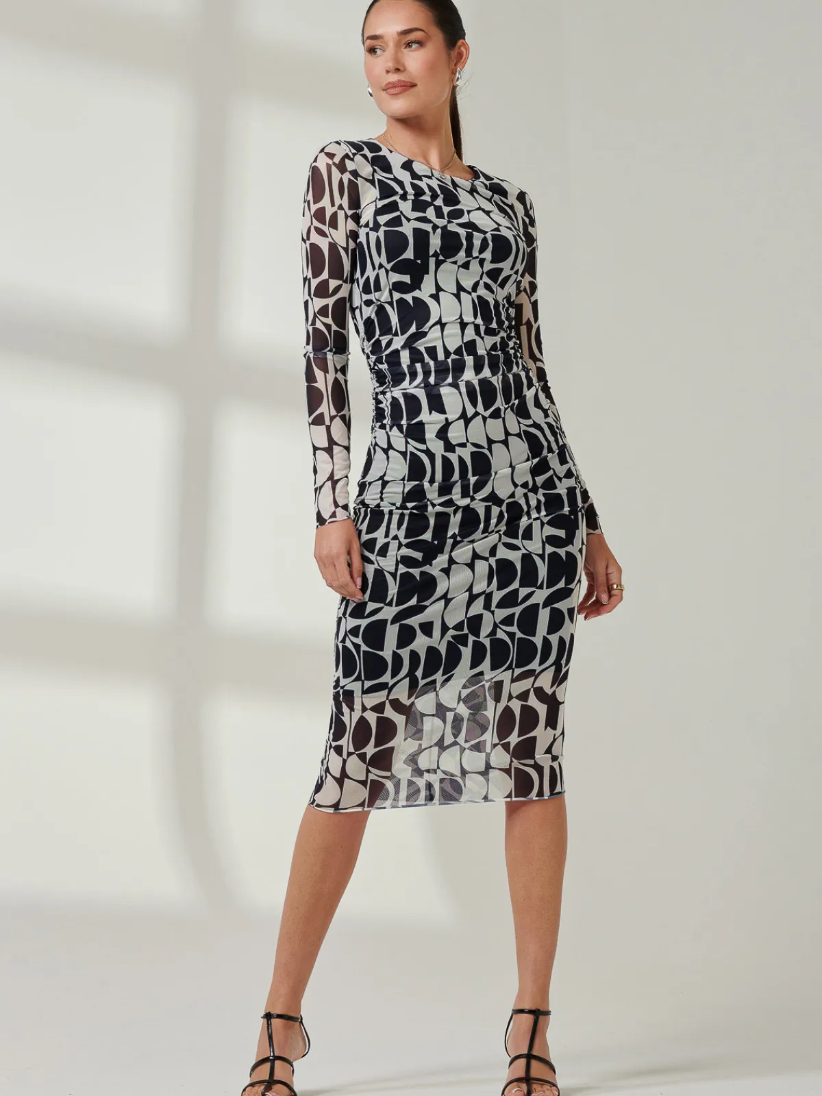Jolie Moi Occasion Dresses|Mesh Dresses-Long Sleeve Mesh Bodycon Midi Dress, Navy Geo