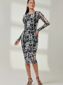 Jolie Moi Occasion Dresses|Mesh Dresses-Long Sleeve Mesh Bodycon Midi Dress, Navy Geo