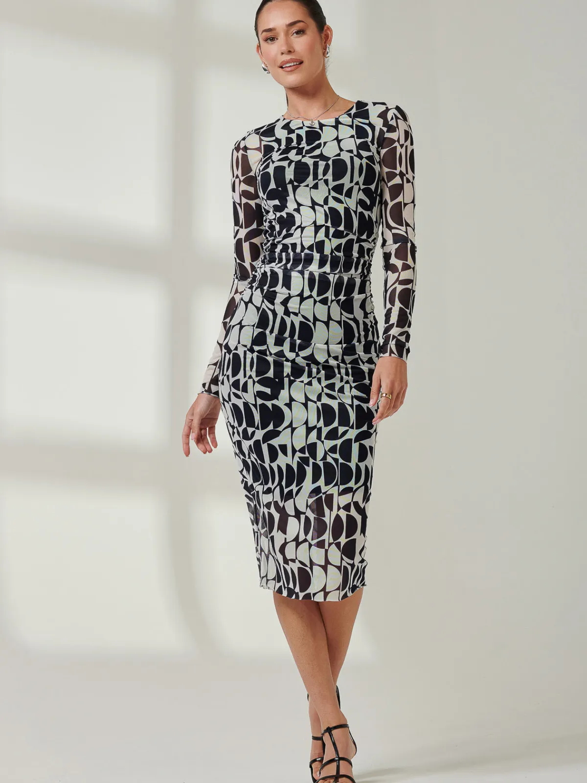 Jolie Moi Occasion Dresses|Mesh Dresses-Long Sleeve Mesh Bodycon Midi Dress, Navy Geo