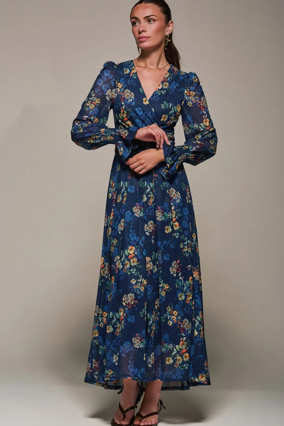 Jolie Moi Occasion Dresses|Floral Dresses-Long Sleeve Mesh Maxi Dress, Navy Floral