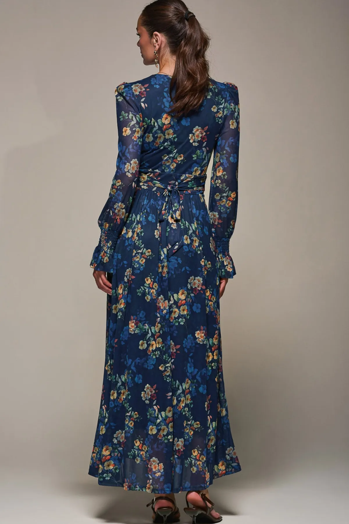 Jolie Moi Occasion Dresses|Floral Dresses-Long Sleeve Mesh Maxi Dress, Navy Floral