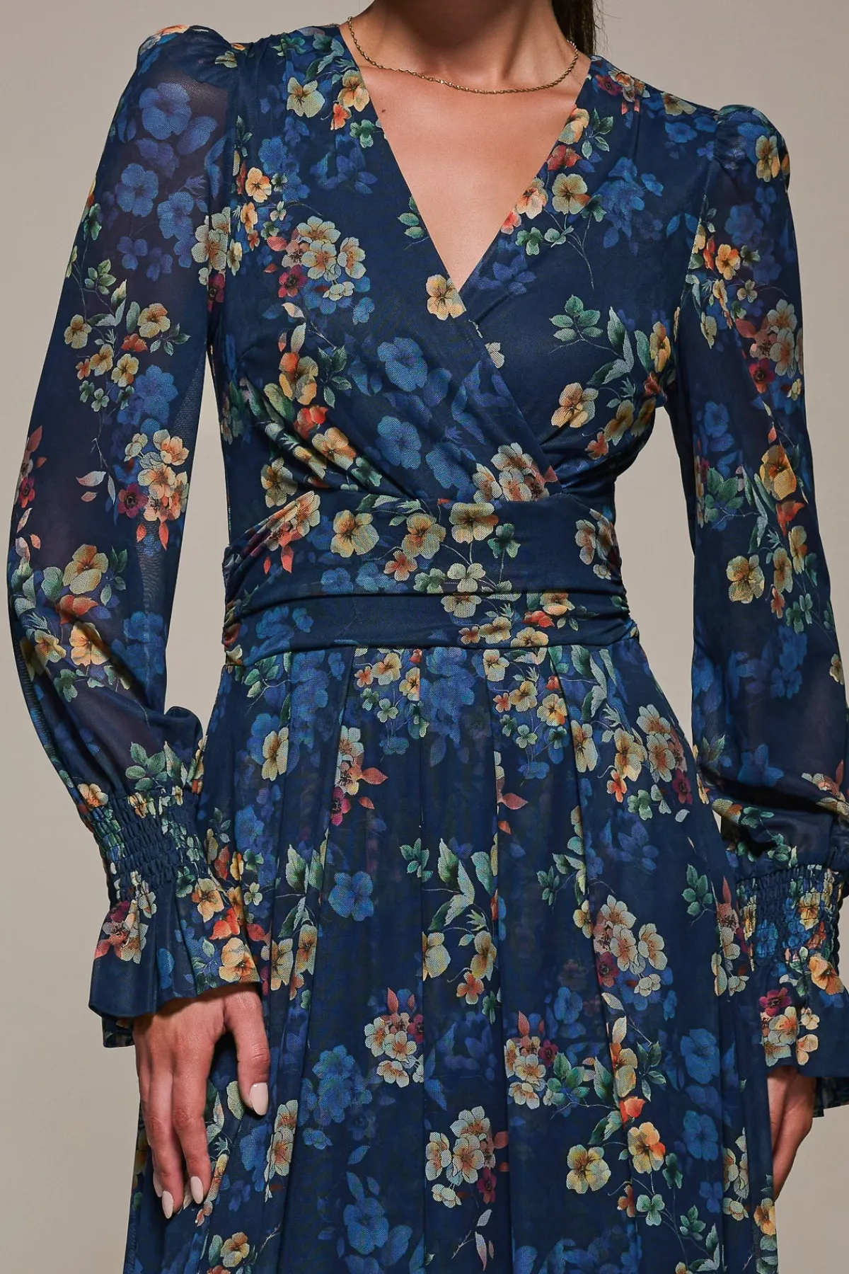 Jolie Moi Occasion Dresses|Floral Dresses-Long Sleeve Mesh Maxi Dress, Navy Floral