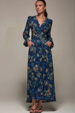 Jolie Moi Occasion Dresses|Floral Dresses-Long Sleeve Mesh Maxi Dress, Navy Floral
