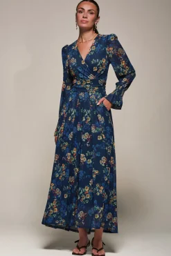 Jolie Moi Occasion Dresses|Floral Dresses-Long Sleeve Mesh Maxi Dress, Navy Floral