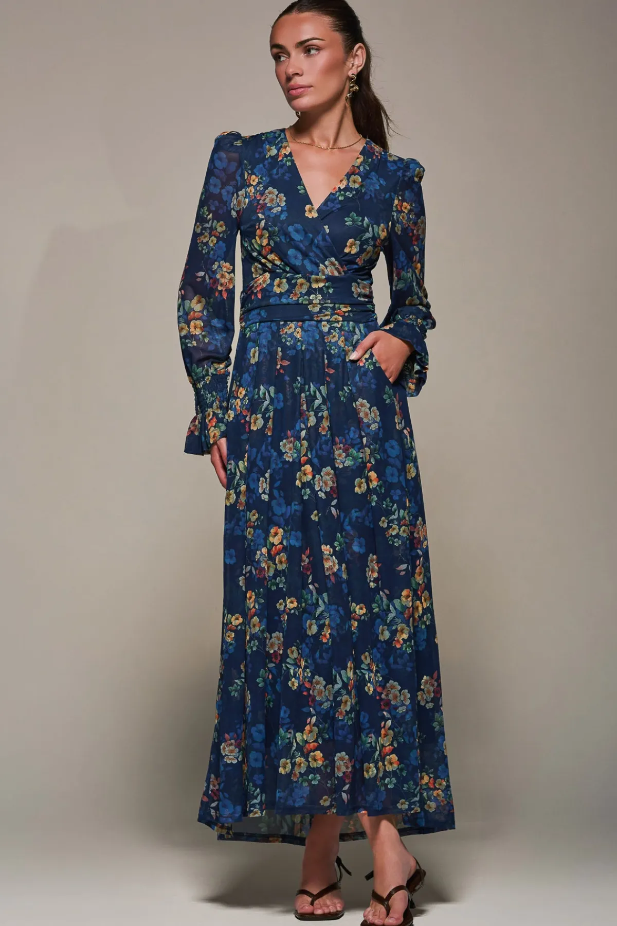 Jolie Moi Occasion Dresses|Floral Dresses-Long Sleeve Mesh Maxi Dress, Navy Floral