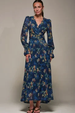 Jolie Moi Occasion Dresses|Floral Dresses-Long Sleeve Mesh Maxi Dress, Navy Floral