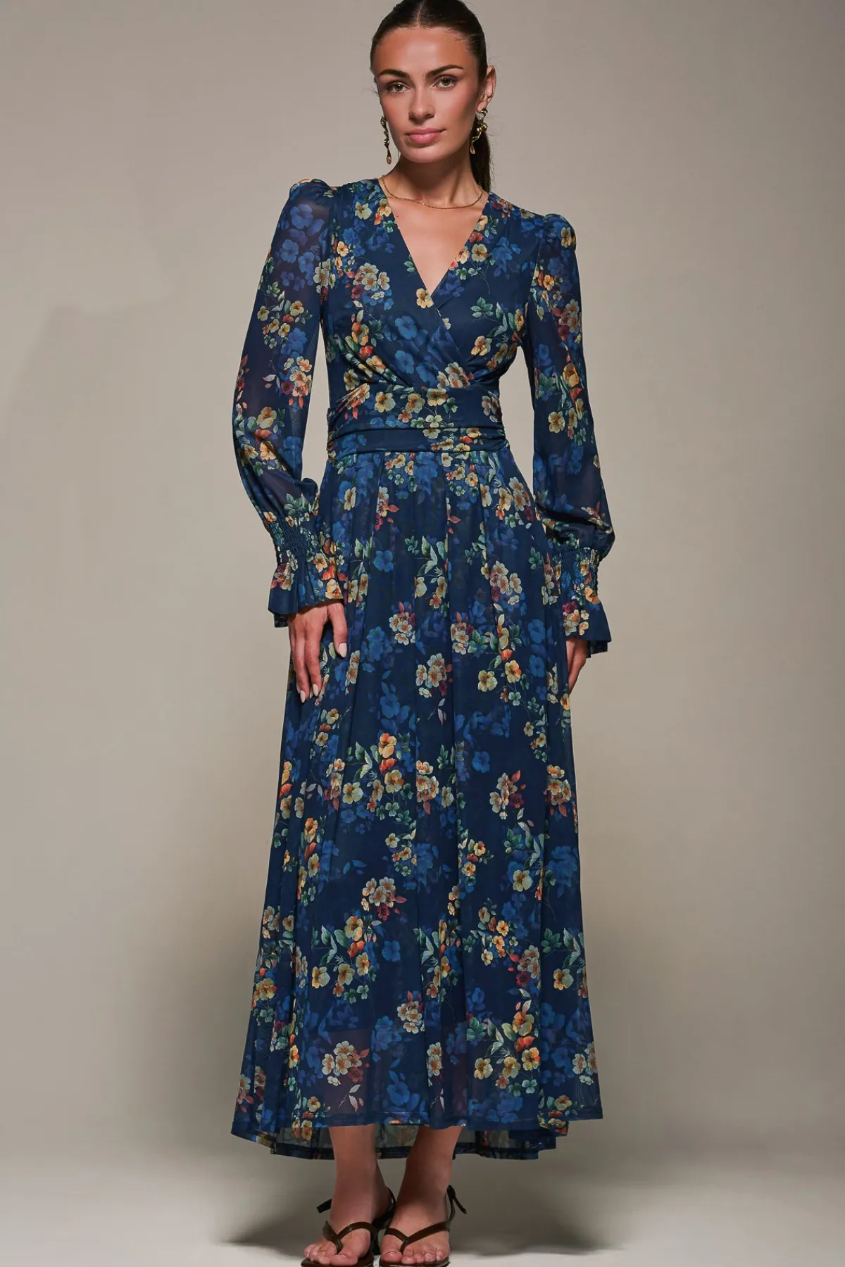Jolie Moi Occasion Dresses|Floral Dresses-Long Sleeve Mesh Maxi Dress, Navy Floral