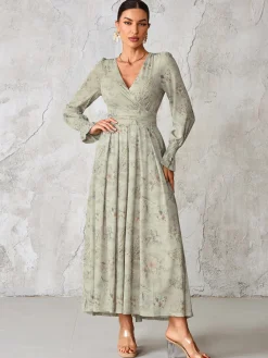Jolie Moi Occasion Dresses|Mesh Dresses-Long Sleeve Mesh Maxi Dress, Neutral Floral