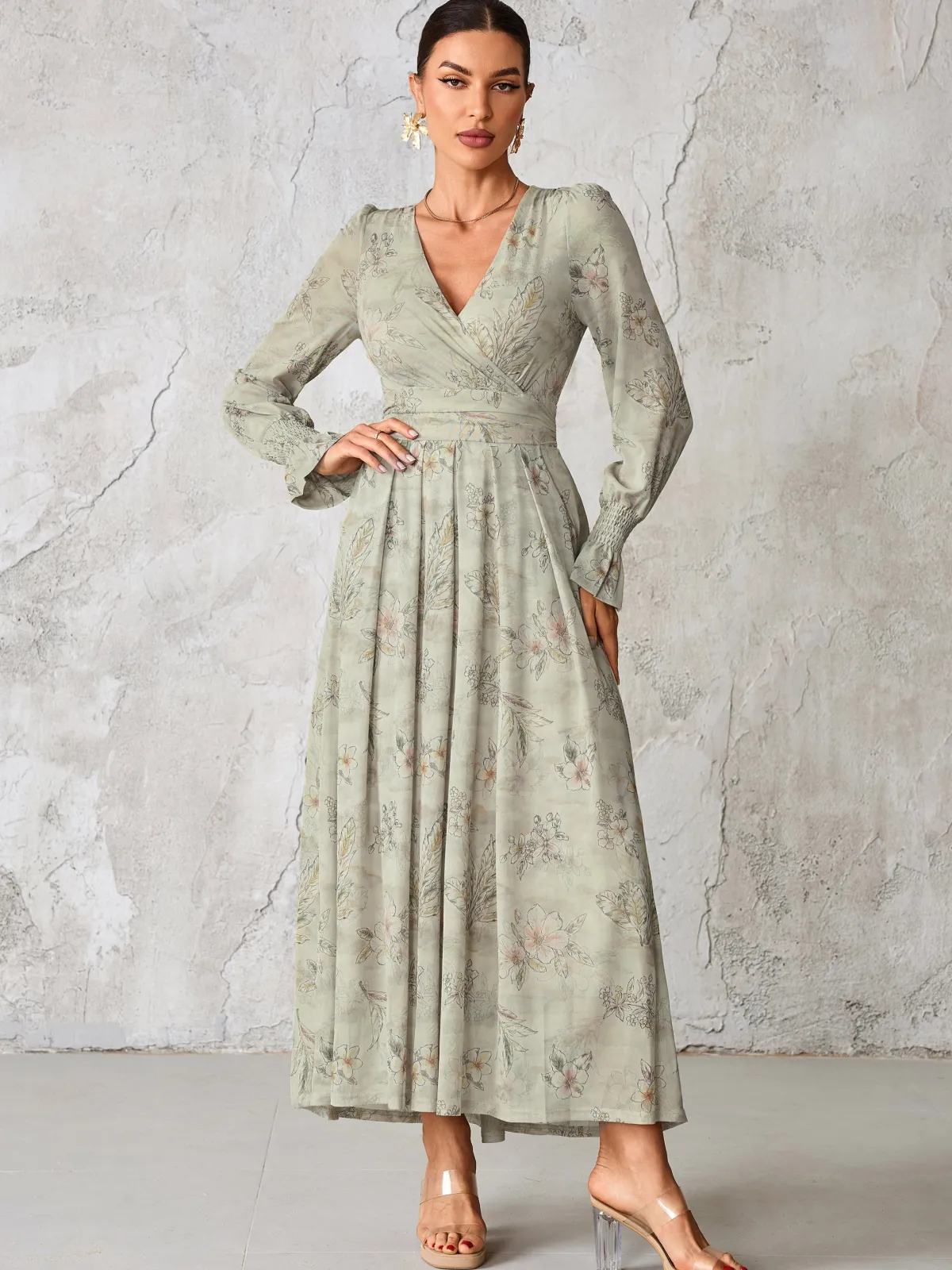 Jolie Moi Occasion Dresses|Mesh Dresses-Long Sleeve Mesh Maxi Dress, Neutral Floral
