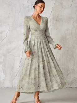Jolie Moi Occasion Dresses|Mesh Dresses-Long Sleeve Mesh Maxi Dress, Neutral Floral