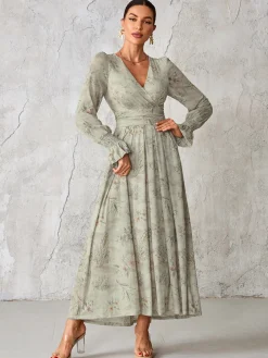 Jolie Moi Occasion Dresses|Mesh Dresses-Long Sleeve Mesh Maxi Dress, Neutral Floral