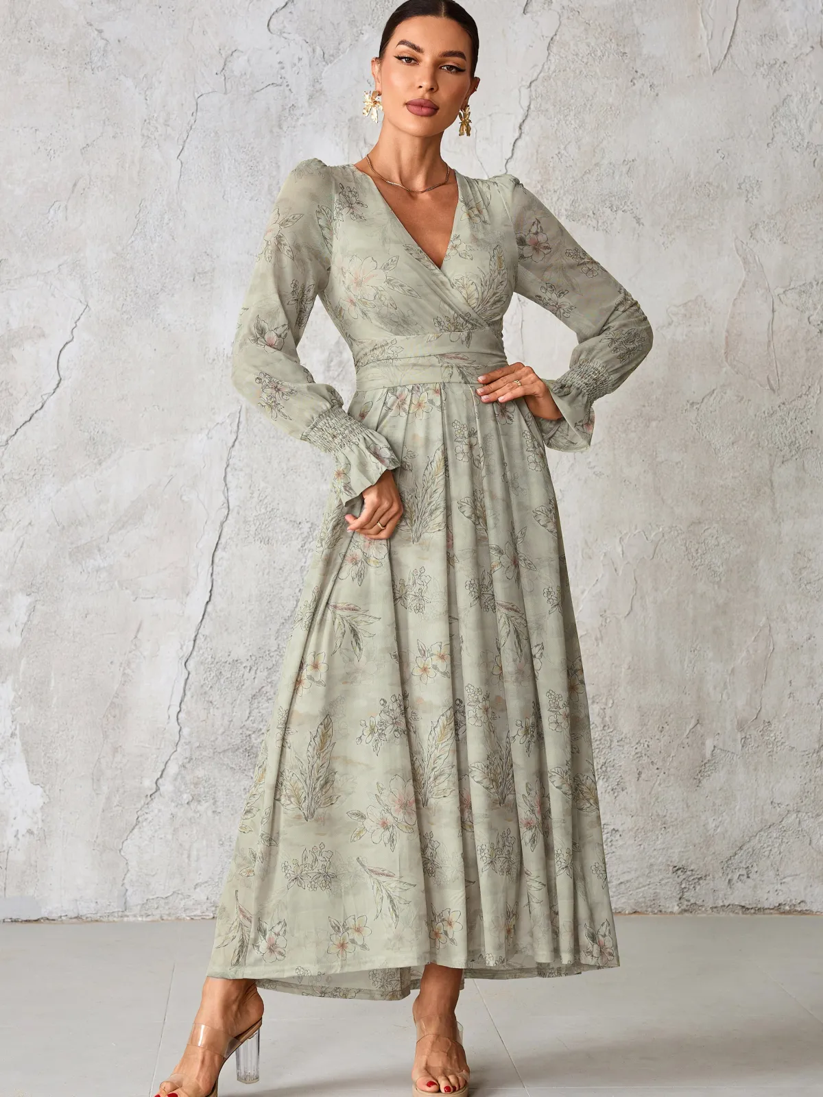 Jolie Moi Occasion Dresses|Mesh Dresses-Long Sleeve Mesh Maxi Dress, Neutral Floral