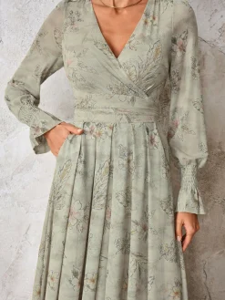 Jolie Moi Occasion Dresses|Mesh Dresses-Long Sleeve Mesh Maxi Dress, Neutral Floral