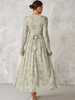 Jolie Moi Occasion Dresses|Mesh Dresses-Long Sleeve Mesh Maxi Dress, Neutral Floral