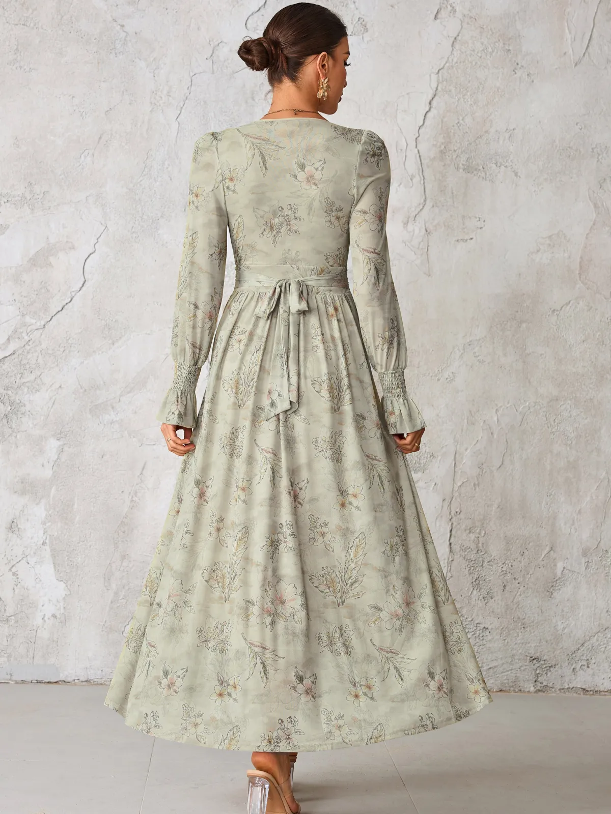 Jolie Moi Occasion Dresses|Mesh Dresses-Long Sleeve Mesh Maxi Dress, Neutral Floral