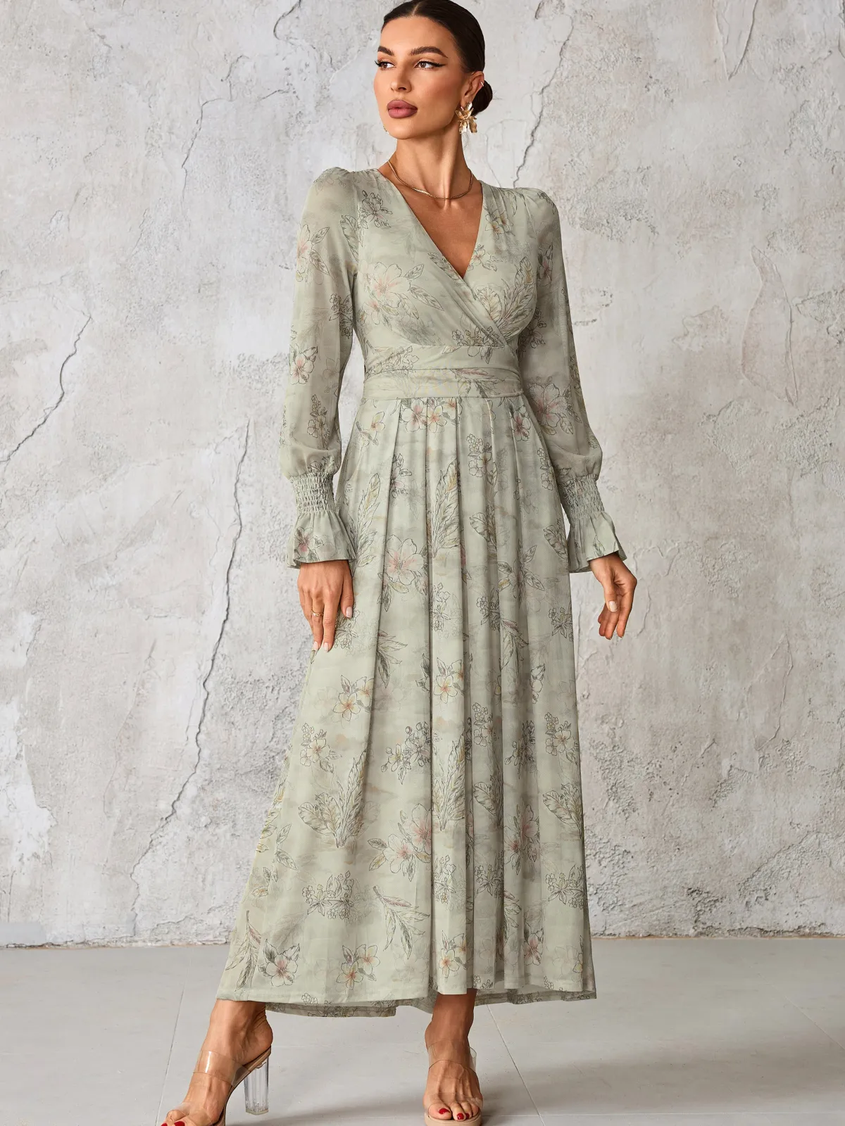 Jolie Moi Occasion Dresses|Mesh Dresses-Long Sleeve Mesh Maxi Dress, Neutral Floral