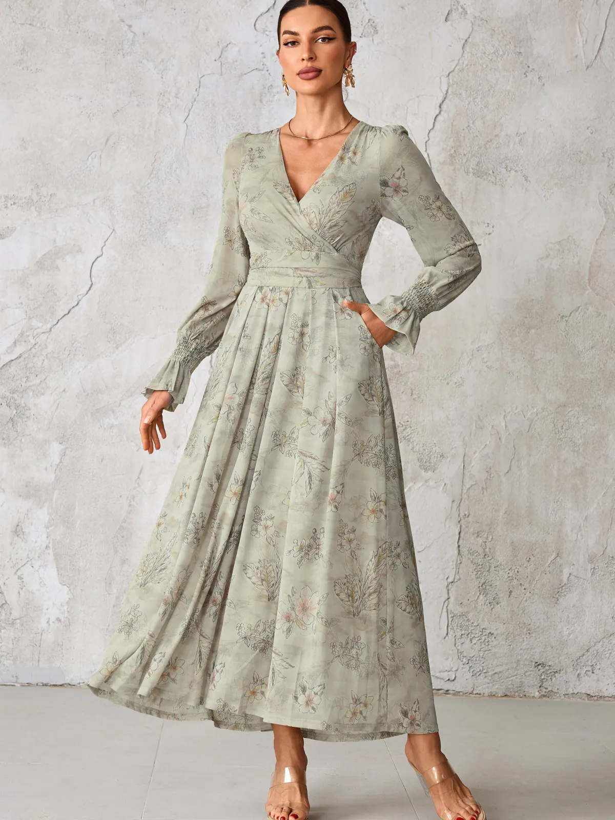 Jolie Moi Occasion Dresses|Mesh Dresses-Long Sleeve Mesh Maxi Dress, Neutral Floral
