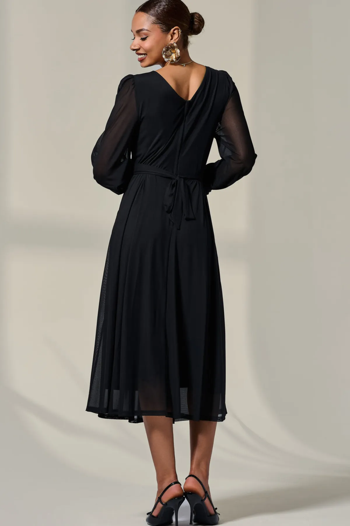 Jolie Moi Occasion Dresses|Mesh Dresses-Long Sleeve Mesh Midi Dress, Black