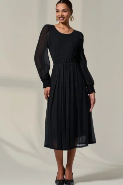 Jolie Moi Occasion Dresses|Mesh Dresses-Long Sleeve Mesh Midi Dress, Black