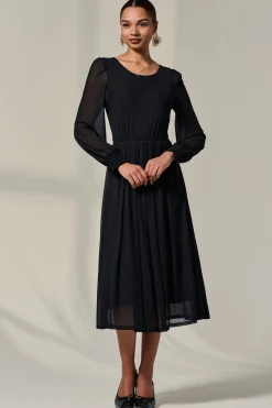 Jolie Moi Occasion Dresses|Mesh Dresses-Long Sleeve Mesh Midi Dress, Black