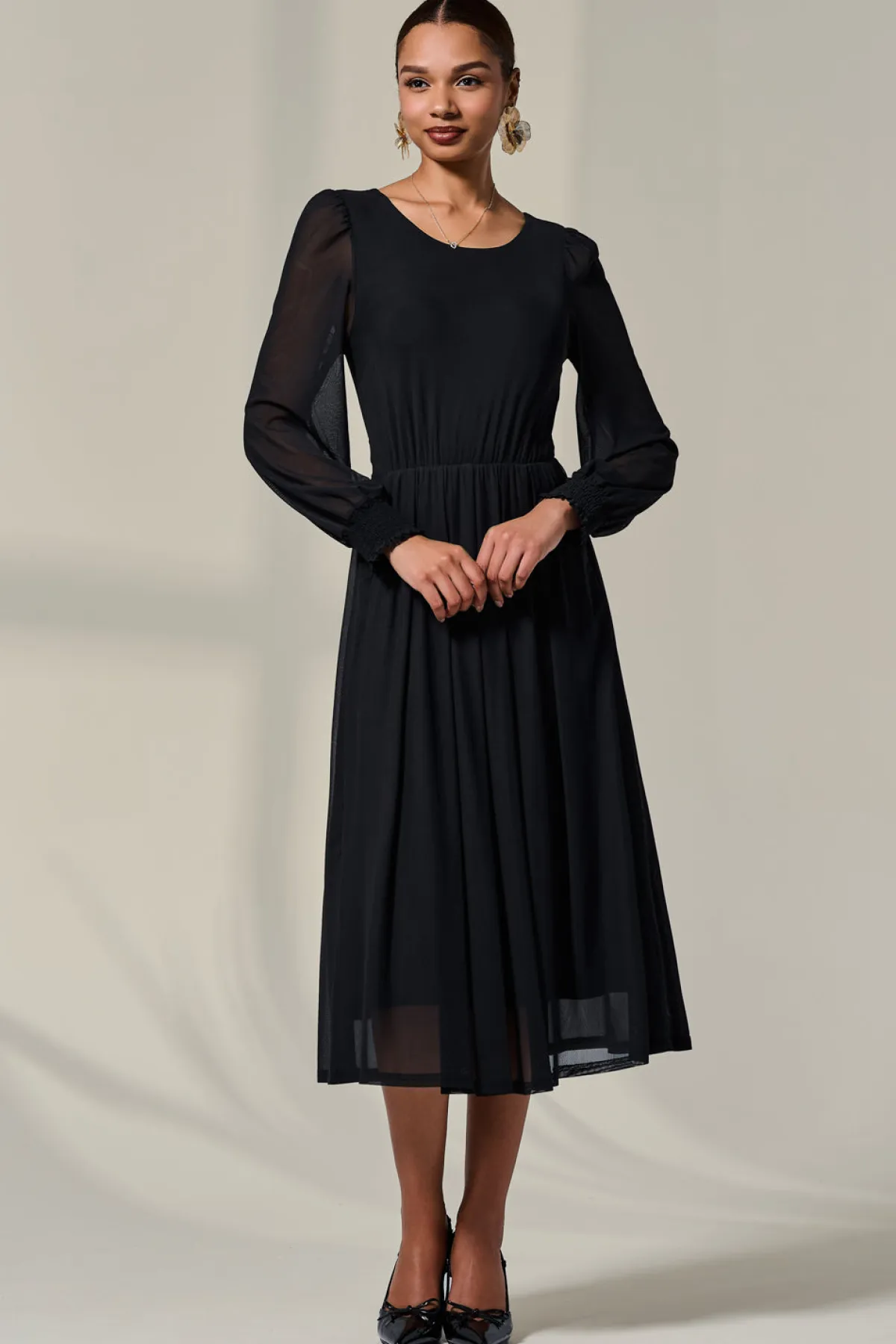 Jolie Moi Occasion Dresses|Mesh Dresses-Long Sleeve Mesh Midi Dress, Black