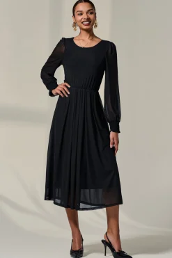 Jolie Moi Occasion Dresses|Mesh Dresses-Long Sleeve Mesh Midi Dress, Black