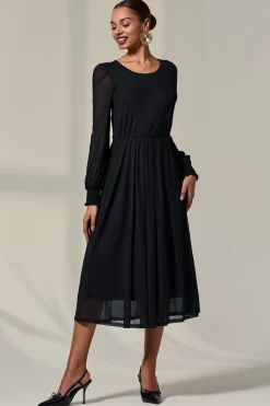 Jolie Moi Occasion Dresses|Mesh Dresses-Long Sleeve Mesh Midi Dress, Black