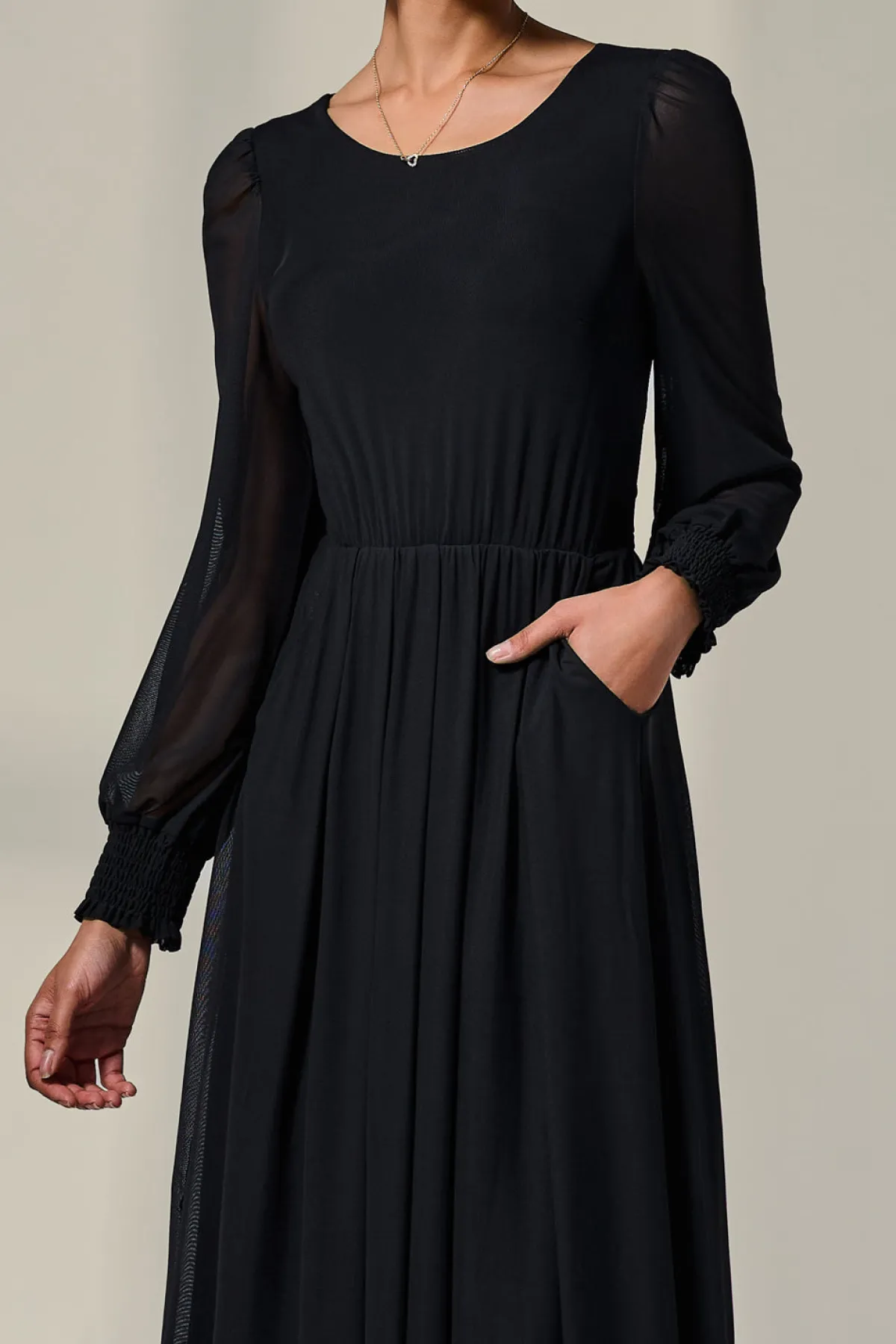 Jolie Moi Occasion Dresses|Mesh Dresses-Long Sleeve Mesh Midi Dress, Black