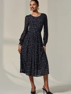 Jolie Moi Occasion Dresses|Mesh Dresses-Long Sleeve Mesh Midi Dress, Black Polka