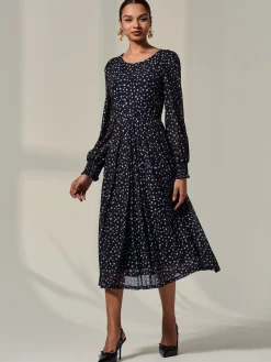 Jolie Moi Occasion Dresses|Mesh Dresses-Long Sleeve Mesh Midi Dress, Black Polka