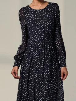 Jolie Moi Occasion Dresses|Mesh Dresses-Long Sleeve Mesh Midi Dress, Black Polka