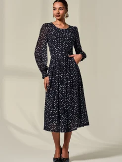 Jolie Moi Occasion Dresses|Mesh Dresses-Long Sleeve Mesh Midi Dress, Black Polka