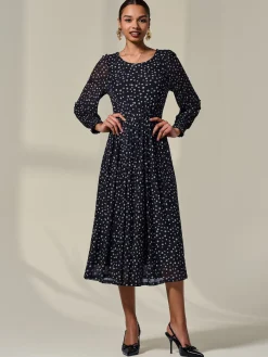 Jolie Moi Occasion Dresses|Mesh Dresses-Long Sleeve Mesh Midi Dress, Black Polka