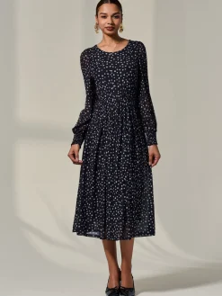 Jolie Moi Occasion Dresses|Mesh Dresses-Long Sleeve Mesh Midi Dress, Black Polka