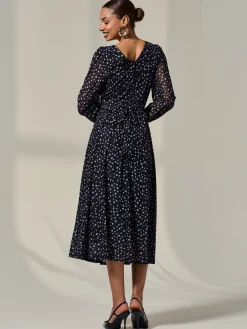 Jolie Moi Occasion Dresses|Mesh Dresses-Long Sleeve Mesh Midi Dress, Black Polka