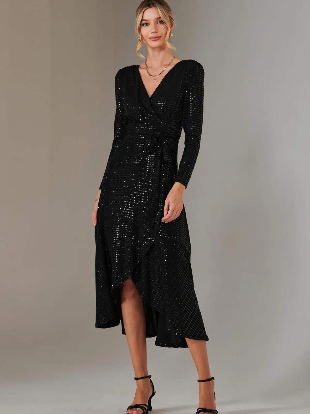 Jolie Moi Occasion Dresses|Wrap Dresses-Long Sleeve Metallic Spot Maxi Dress, Black