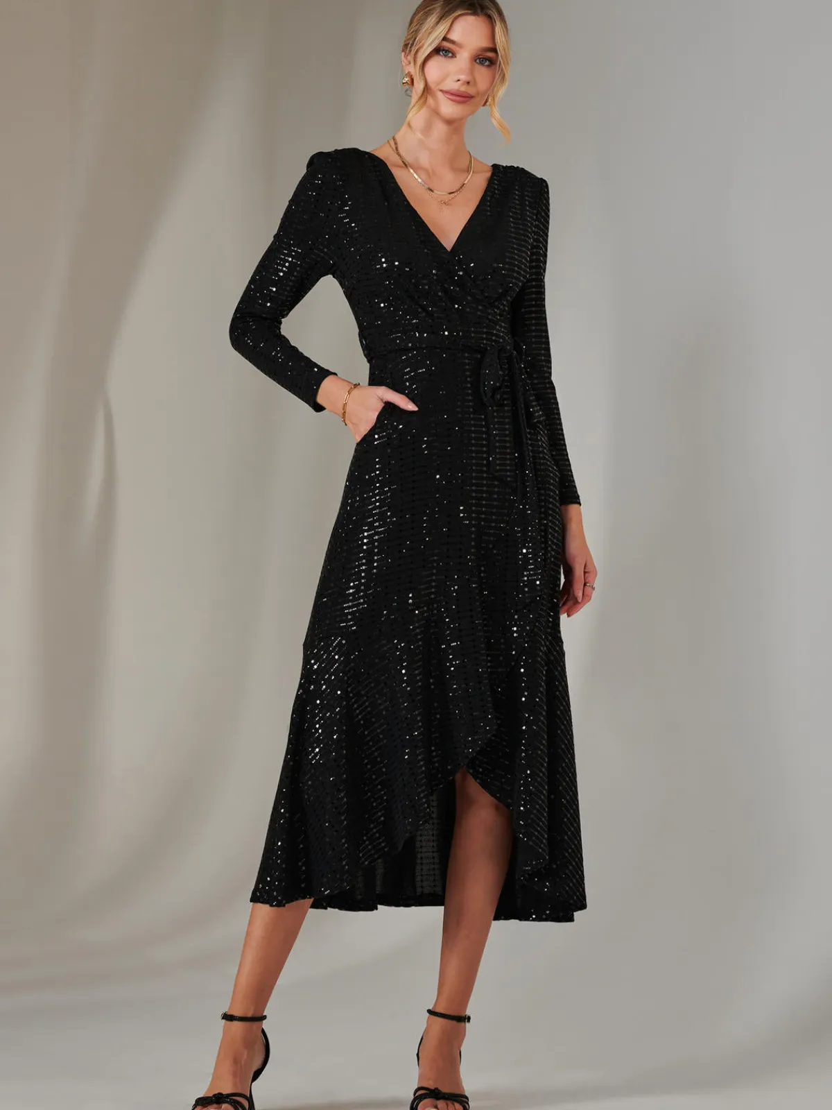 Jolie Moi Occasion Dresses|Wrap Dresses-Long Sleeve Metallic Spot Maxi Dress, Black