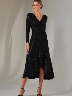 Jolie Moi Occasion Dresses|Wrap Dresses-Long Sleeve Metallic Spot Maxi Dress, Black