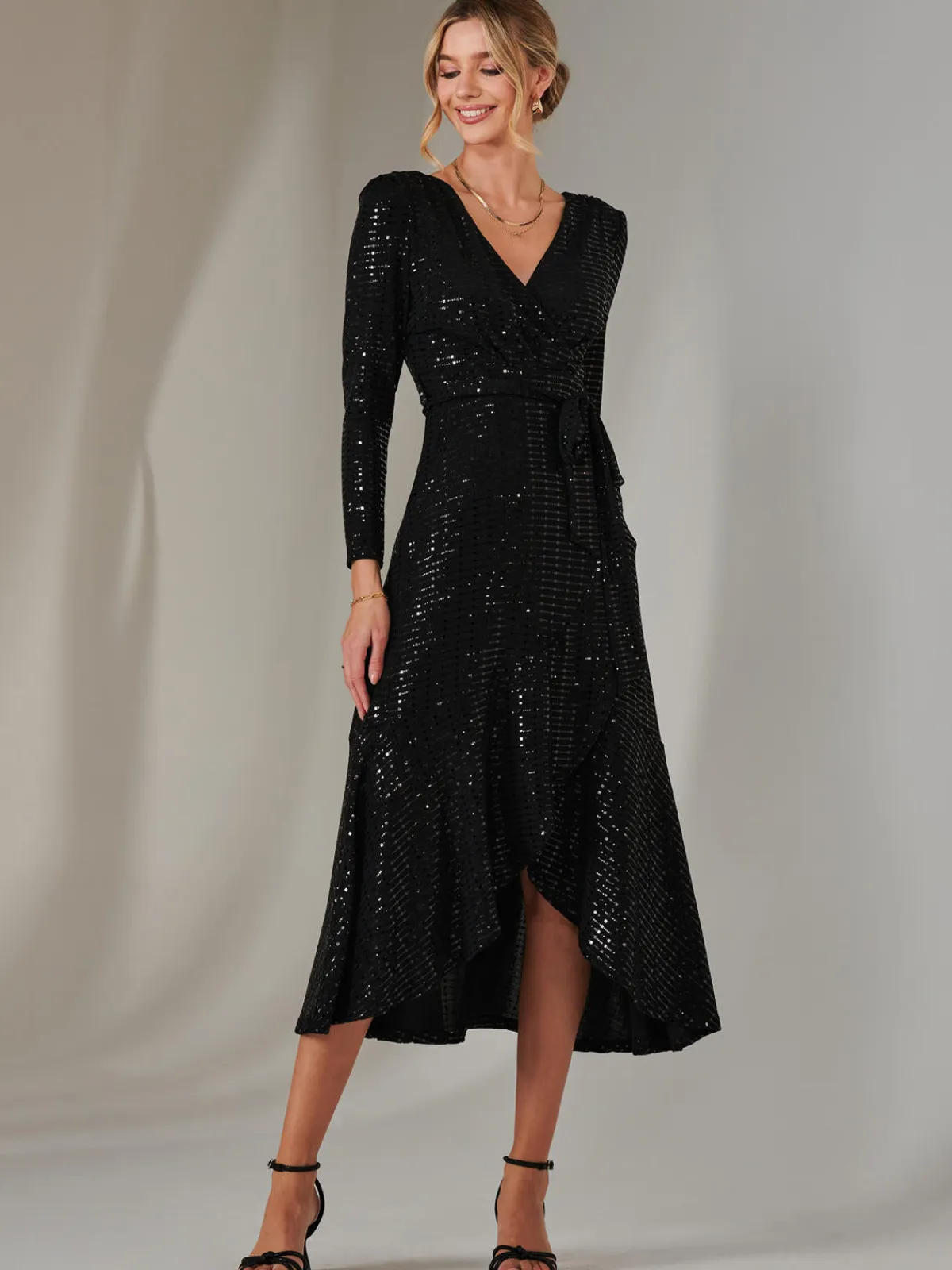 Jolie Moi Occasion Dresses|Wrap Dresses-Long Sleeve Metallic Spot Maxi Dress, Black